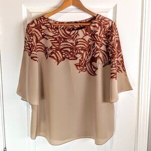Classiques Entier Beige Floral Silk Fan Sleeve Top XL